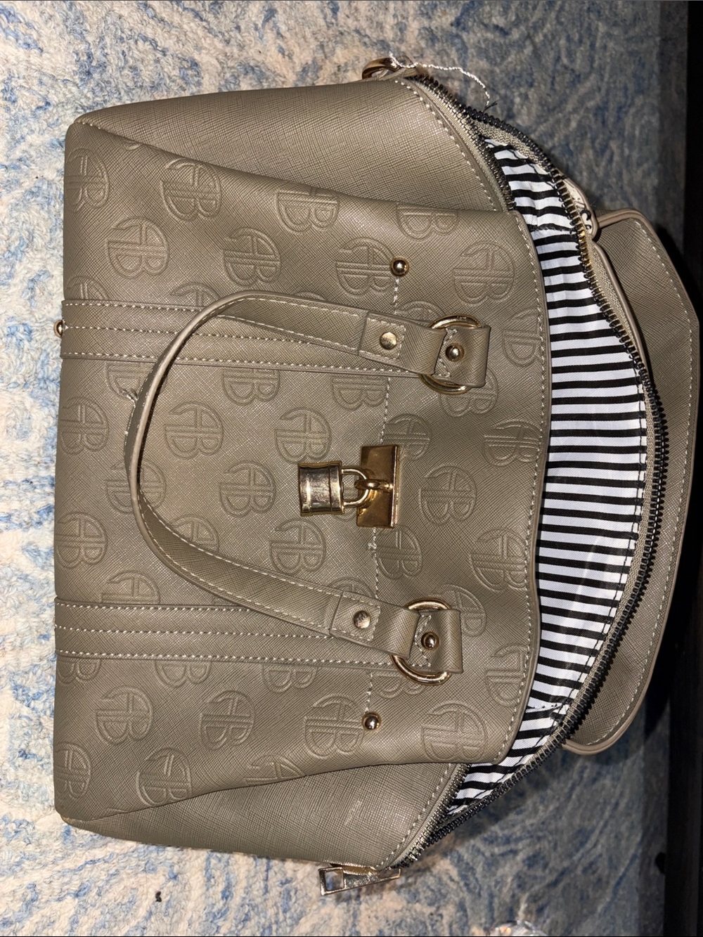 Embossed Satchel Handbag in Green with Gold Hardware